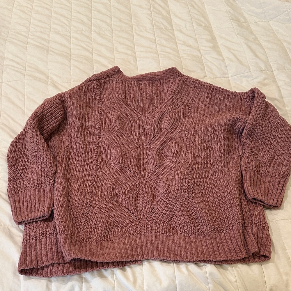 Pink Rose Mauve Open Front Knit Cardigan Sweater Size L Boho Ribbed - Picture 4 of 4